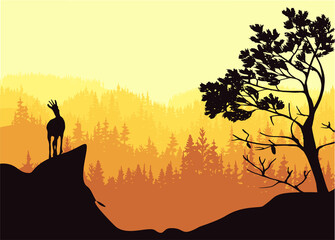 A chamois stands on top of a hill with mountains and forest in the background. Pine tree in foreground. Magic misty landscape. Nature illustration. 