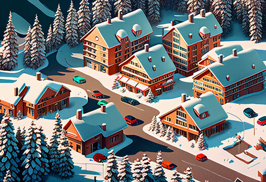generated image of ski resort. Hotel in mountains.