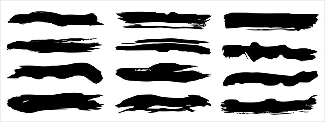 Vector collection of artistic grungy black paint hand made creative brush stroke set isolated on banner background. A group of abstract grunge sketches for design education or graphic art decoration