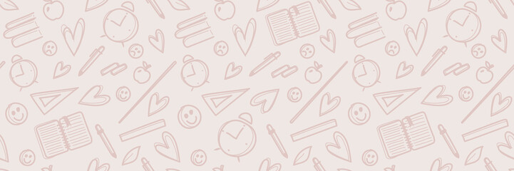 Education horizontal seamless pattern in beige colors and linear style. Vector doodle illustration