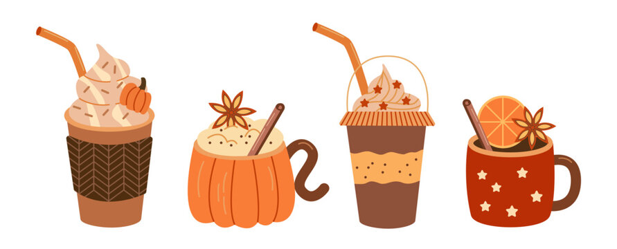 Pumpkin latte coffee. Tasty sweet desserts, seasonal flavored products. Set of hot winter drinks.