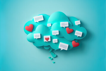 Concept of social networking platform, chat, hearts, and online social communication tools on a light blue backdrop. illustration. notification of messages. new cloud messenger for messages