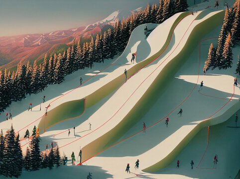 Generated image of ski slope in beautiful forest.