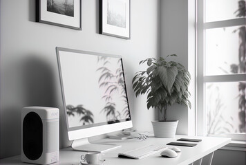 Home office in monochrome design with a white table and a white computer display against a light backdrop. a mockup. Generative AI