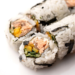 Sushi rolls with tuna, yellow pepper, cucumber. Healthy food. Vegetarian dish. Japanese kitchen. Low calorie meal. Isolate on white background. Close-up. View from above. Soft focus.