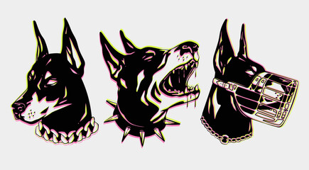 Portraits of a Doberman dog. Abstract neon style. Dog with spiked and chain collar, dog with muzzle. Calm and Barking doberman. Hand drawn Vector illustration. Print, logo, tattoo, sticker template