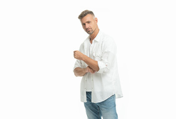 studio shot of serious unshaven guy. mature unshaven guy isolated on white background.