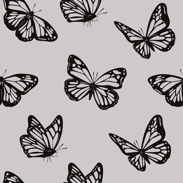 Black outline Butterflies. Beautiful nature flying insects. Butterfly silhouettes. Hand drawn modern Vector illustration. Square seamless Pattern. Background, wallpaper