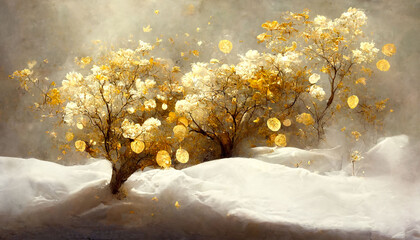 A wonderful golden tree in the snow.