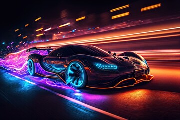 Fototapeta na wymiar Futuristic sports car riding on high speed in the night. Neon street lights, blurred in motion. Generative art