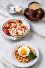 Belgian waffles without sugar for breakfast. The concept of proper nutrition. Waffles with cottage cheese and rice flour.