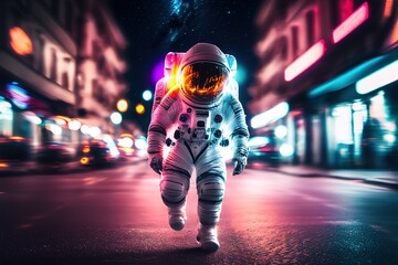 Astronaut walking at the city street in the night. Generative art