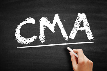 CMA Certified Management Accountant - professional certification credential in the management accounting and financial management fields, acronym text on blackboard - obrazy, fototapety, plakaty