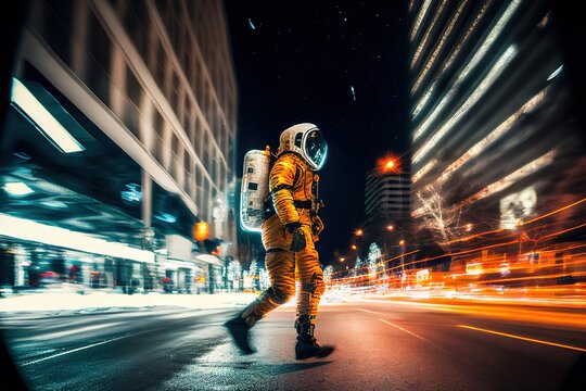 Astronaut Walking By The Crosswalk At The City Street In The Night. Generative Art