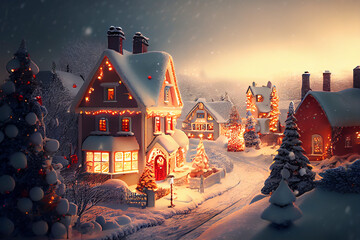 Fototapeta na wymiar Christmas village with snow. Winter village landscape. Christmas holidays. Snow-covered town. Generative ai illustration
