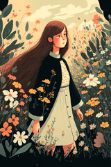 Girl in Flower Field Art Print. Generative AI