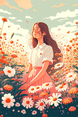 Girl in Wildflower Field Art Print. Generative AI
