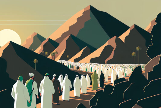 Muslims pray during their journey to Arafat hill in the Jabal Rahmah mountains. Muslims go on pilgrimages to the Hajj. flat style illustration. Generative AI