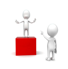 3d man pointing towards the guy who is standing on the top of a box concept