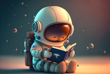 Naklejka premium adorable astronaut symbol reading a book. Generative AI
