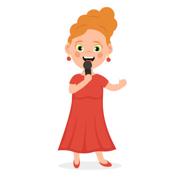 Singer girl. Cute little girl in dress with microphone. Cartoon vector illustration.