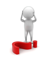 3d man stressed worried looking at a question mark on floor concept