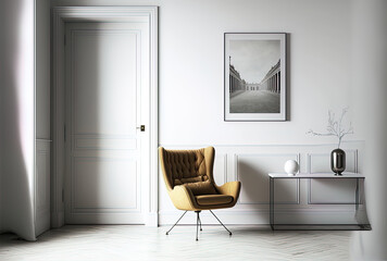 Interior of a living room with a chair against a blank white wall. Generative AI