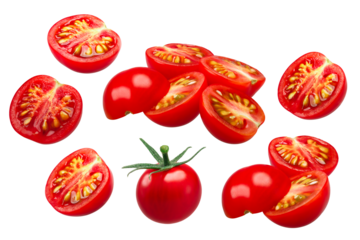 whole and halved tiny cherry tomatoes (Solanum lycopersicum var. cerasiforme) isolated png