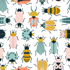 Colorful insects, beetle, and bugs in art deco style. Vector seamless pattern with trendy background 