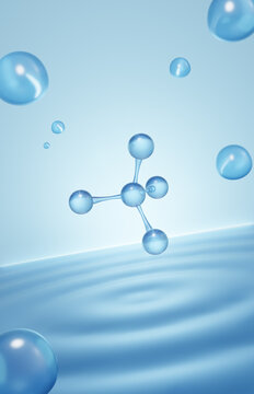 cosmetic moisturizer bubble on water surface, Cosmetic Essence, Liquid bubble, Molecule inside Liquid Bubble on water background, 3d rendering