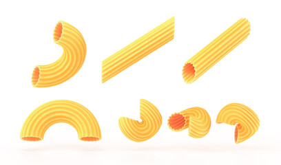 Pasta and macaroni of different shapes 3d render icons set. Realistic mockup of Italian dry penne, elbow, chiferri isolated on white background, design elements for food advertising. 3D illustration