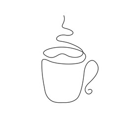 Continuous one line drawing a cup of coffee. A Cup of coffee with steam single line art vector design. Food ad Beverage concept.