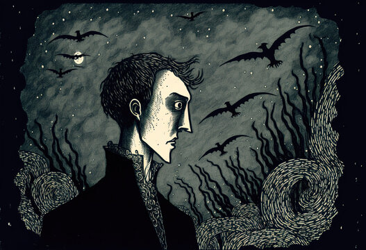 Freaky Dark Illustration Of Sad Man, Figurative Outside Art. Dark Nightmare Drawing, Vivid Color.