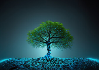 growing internet startup , with green tree growing from network of data and information,  Ai generative illustration