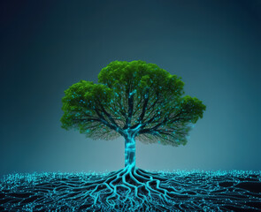 new technology startup concept with green tree growing from network of data