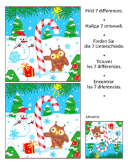 Differences game with big magic candy cane, gift, snowman and owl. Answer included.
