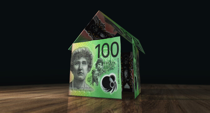 Australia Australian Dollar 100 AUD Money Banknotes Paper House On The Table 3d Illustration