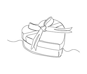 Continuous one line drawing of present box shapped love/ heart. Presents cardboard box with ribbon single line art vector design. Holiday, birthday , new year and thanksgiving concept.