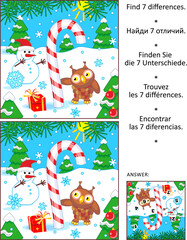 Differences game with big magic candy cane, gift, snowman and owl. Answer included.
