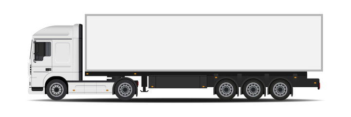 White truck with trailer realistic vector mockup for branding.