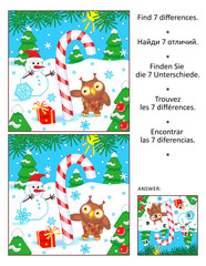 Differences game with big magic candy cane, gift, snowman and owl. Answer included.
