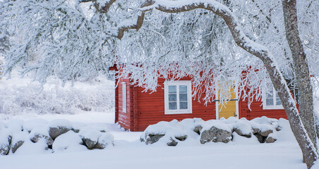 Farm barn and house in a cold winter landscape with snow and frost. Swedish landscape in winter.