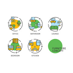 Furniture Concept Thin Line Icons Labels Set. Vector