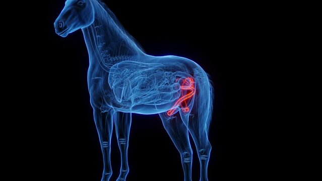 3D medical animation of the male genitals of a male horse