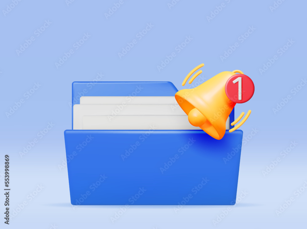 Aufkleber 3d document folder with notification bell. golden render ringing bell and ring binder. file for pape