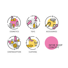 Intim Shop Concept Thin Line Icons Labels Set. Vector
