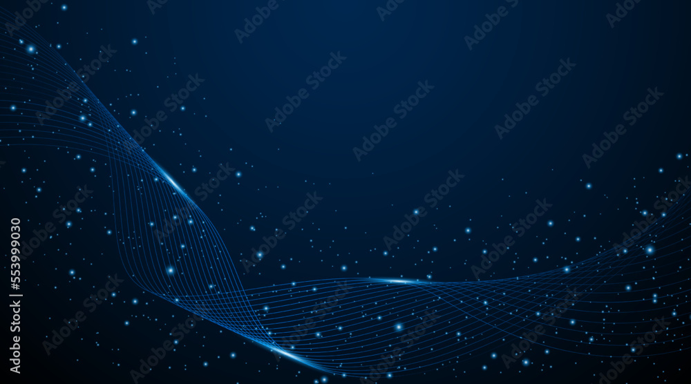 Fototapete Abstract wave motion with glowing particle dots. High tech futuristic concept on dark blue background. vector illustration
