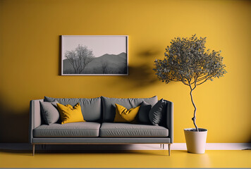 interior mockup of a living room with a yellow wall and a gray couch,. Generative AI