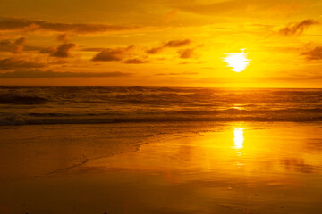 Seascape - sunset on the beach, waves, horizon. Top view. landscape