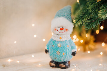 Closeup greetingof snowman winter toy decoration. Christmas card holidays